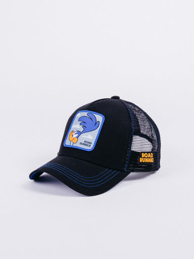 gorra collabs looney tunes road runner trucker black visera curva rejilla parche 